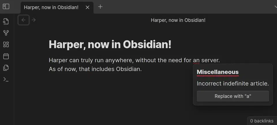 Harper flagging a grammar issue inside an Obsidian note, showing the underline and suggestion popup