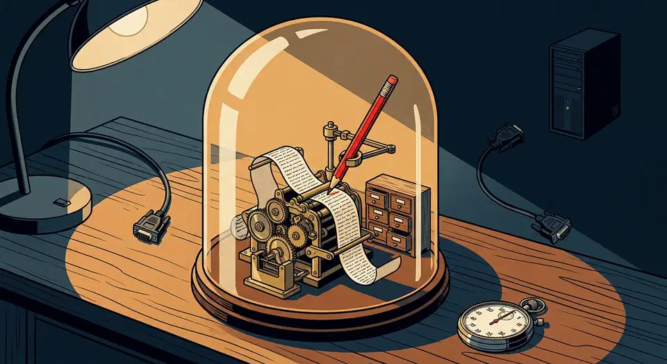 Brass proofreading machine with a red pencil sealed under a glass bell jar on a desk, unplugged cables and a server tower outside