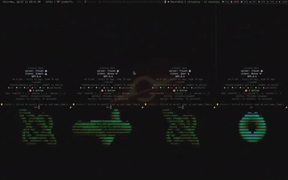 Four freshly launched jcode panes in one terminal, each showing the same status line reading twelve clients and thirteen sessions on one server