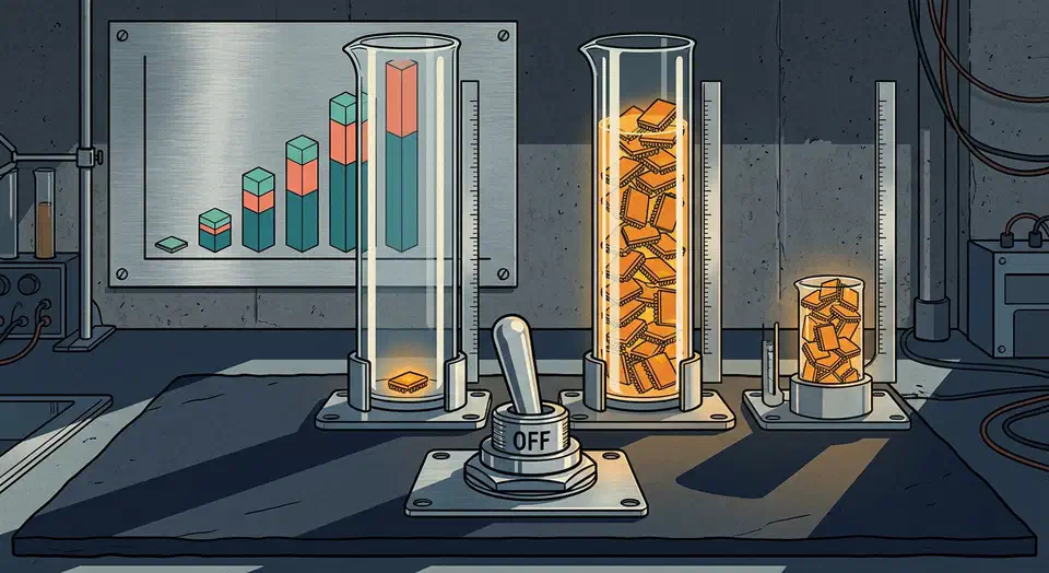 Chrome toggle switch in the off position beside two glass cylinders holding glowing memory chips, one filled far higher than the other