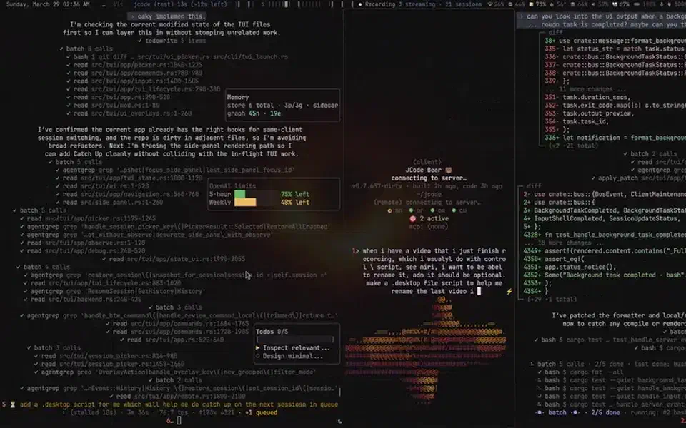 Three jcode panes side by side, each an agent reading and editing different files in the same repository at the same time