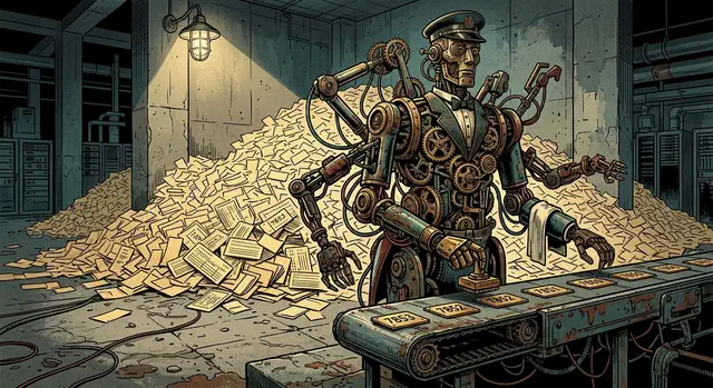 Clockwork butler automaton in a server hall stamping out release plates beside a huge pile of unprocessed paper tickets