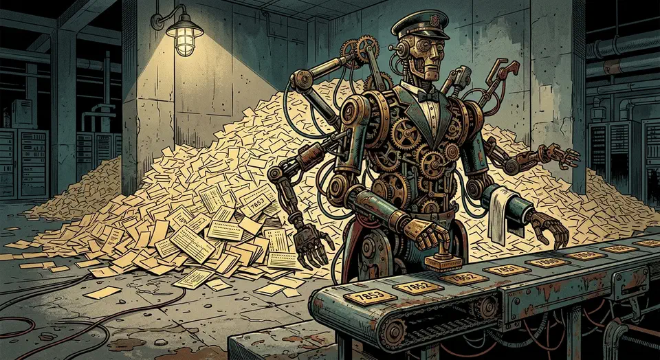 Clockwork butler automaton in a server hall stamping out release plates beside a huge pile of unprocessed paper tickets