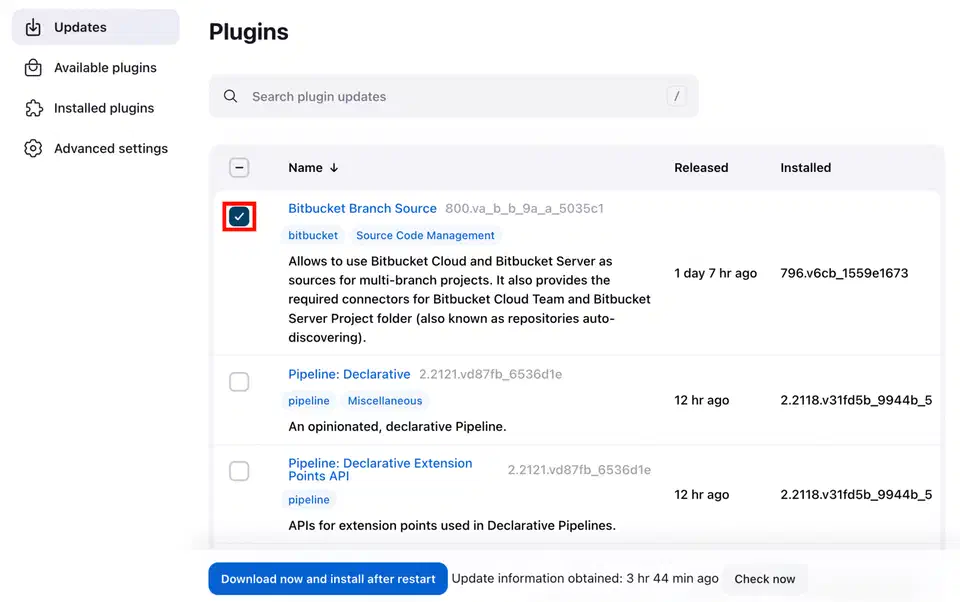 Jenkins Updates screen listing installed plugins with their released and installed version numbers, one plugin updated a day ago and two updated 12 hours ago