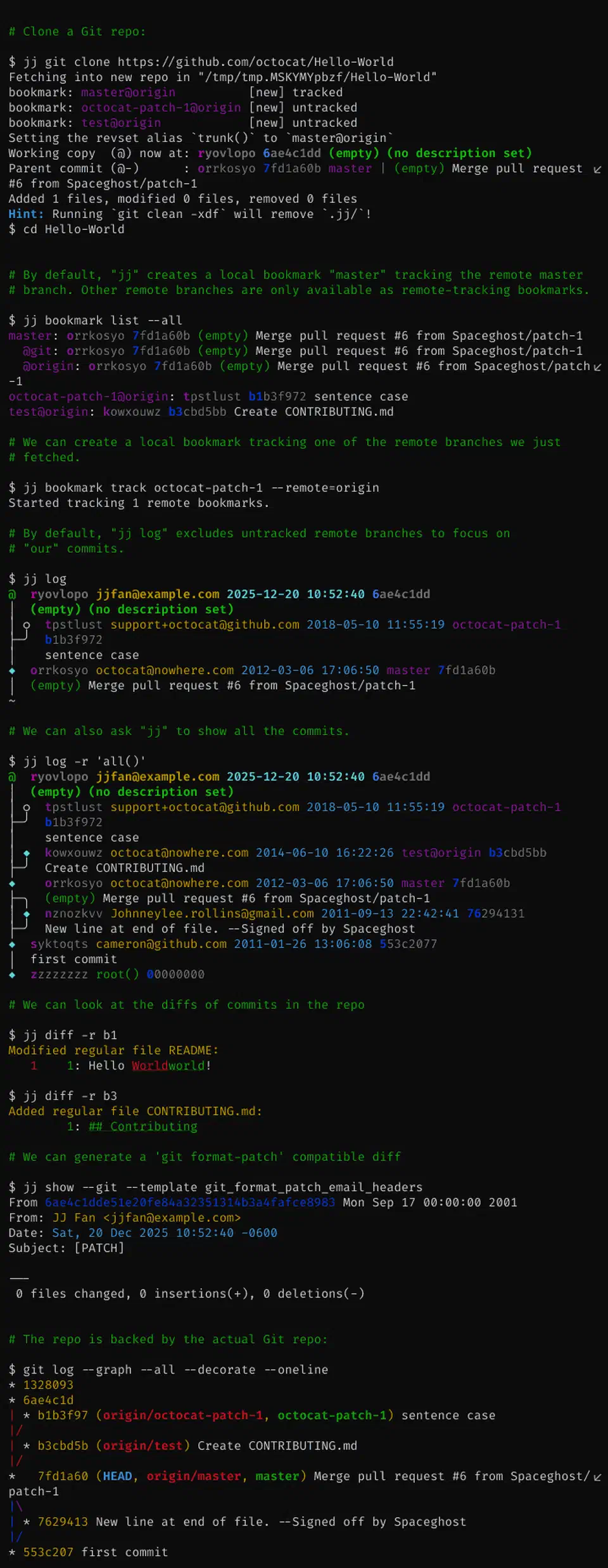 Terminal demo showing jj interoperating with a standard Git repository through jj git fetch and jj git push