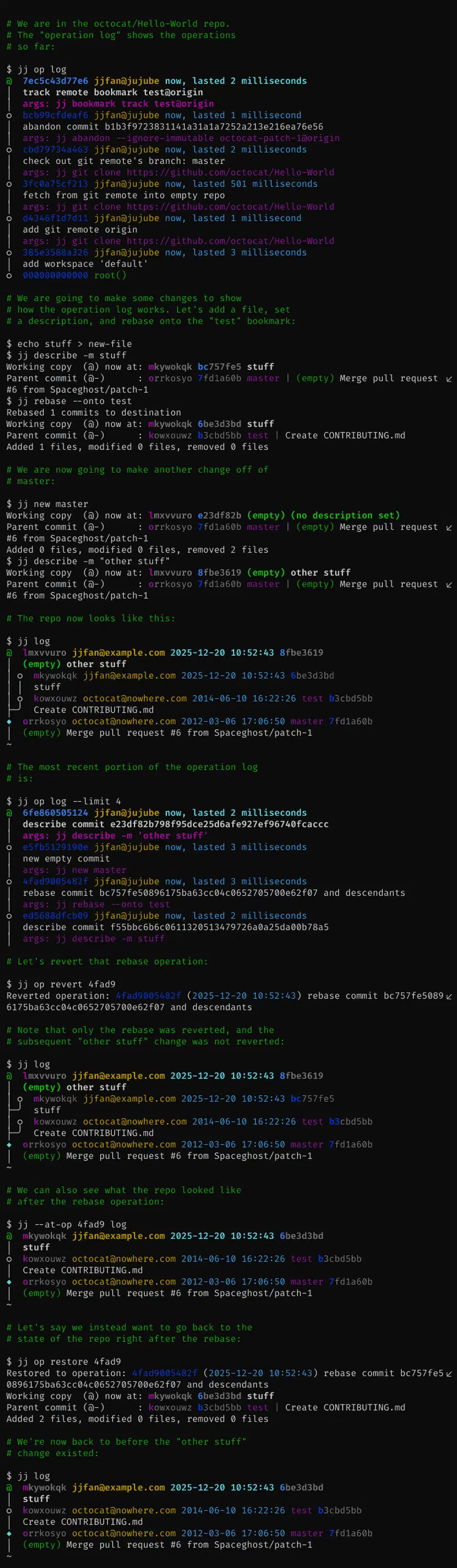 Terminal demo showing jj op log listing every repository operation with timestamps and operation IDs