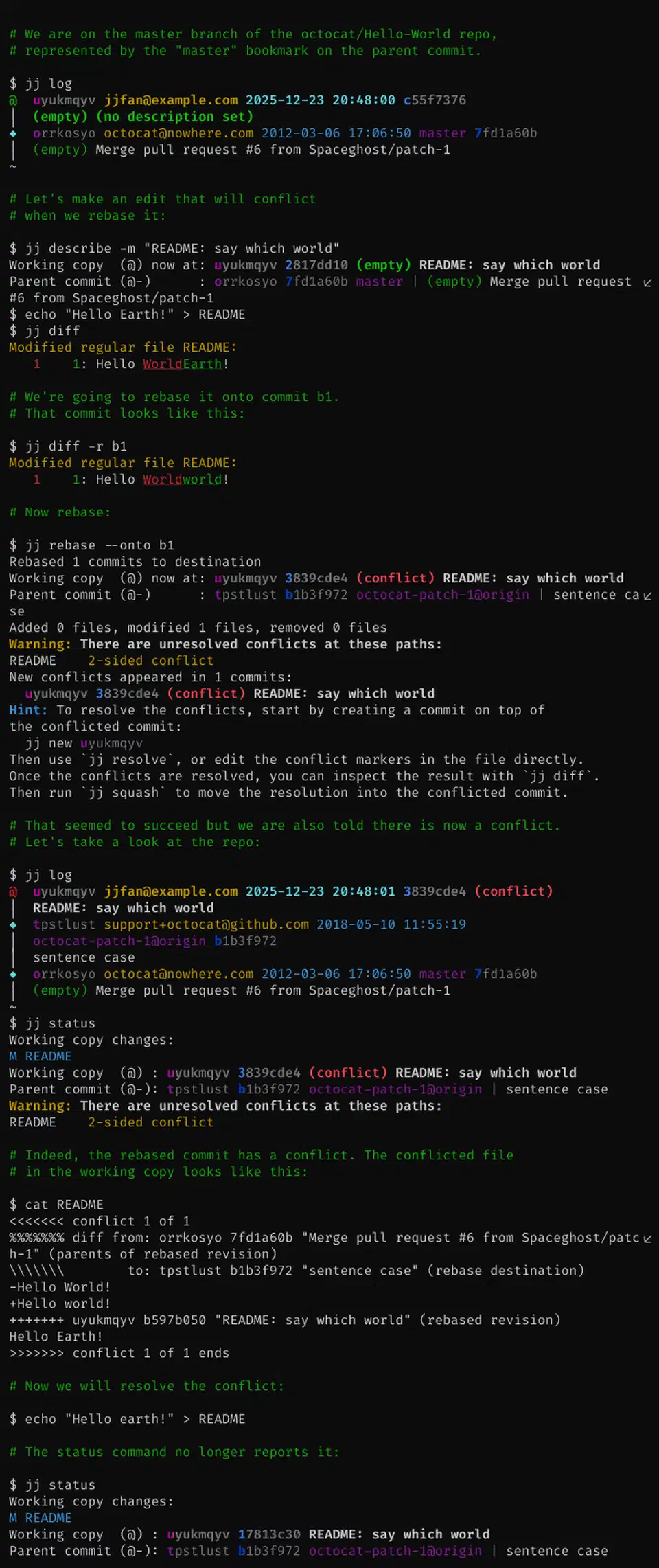 Terminal demo showing jj resolving a merge conflict with conflict markers stored as commit metadata