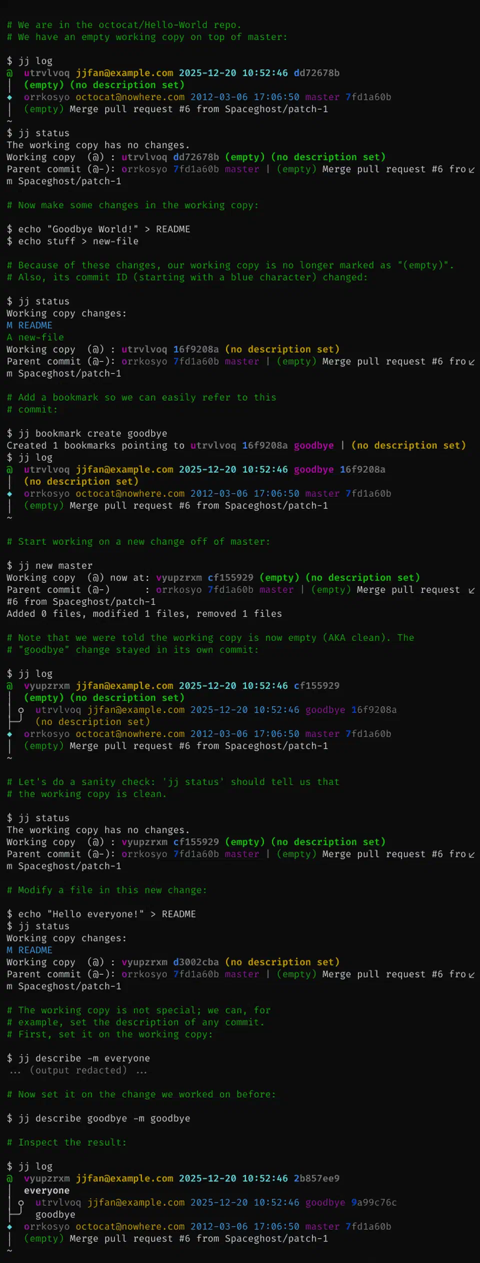 Terminal demo of the jj working copy commit model showing jj new, jj describe, and jj squash in action