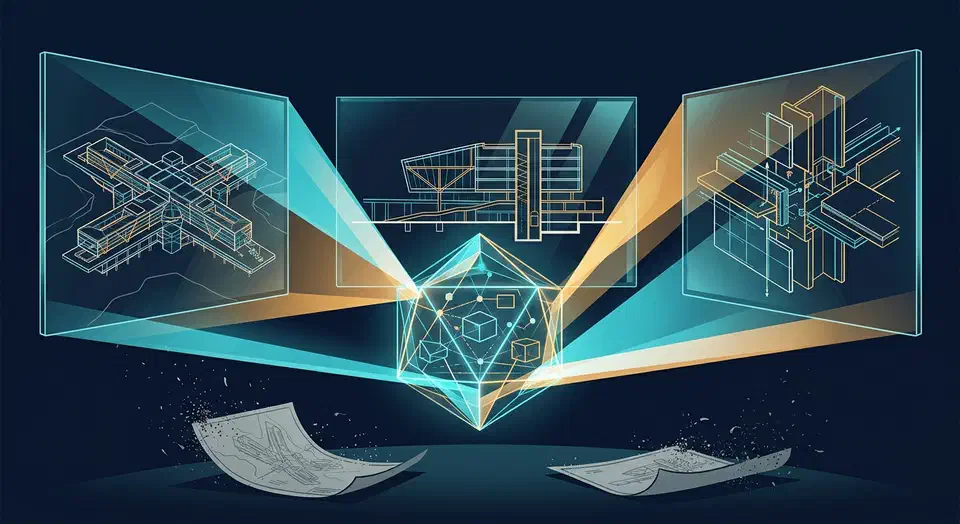 Glowing blueprint model projecting three light beams onto glass panels showing the same architecture at three zoom levels