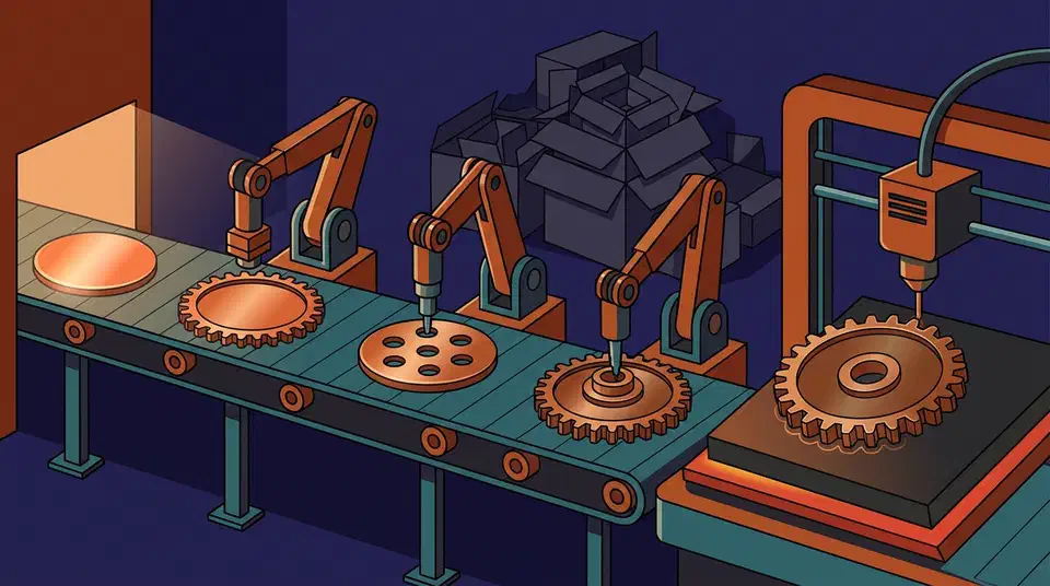 Robotic arms on a conveyor turn a copper disc into a toothed gear that a 3D printer then prints