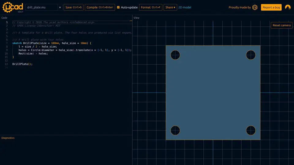 µcad 2D drill plate sketch where one Circle call with list arguments makes four holes