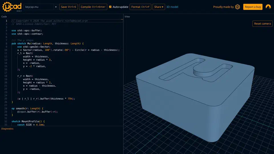 µcad keycap example with a typed sketch and a custom smooth operation