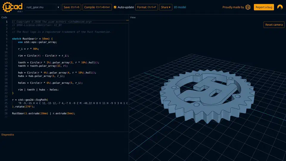 µcad playground showing the 17-line RustGear sketch and the extruded Rust logo gear