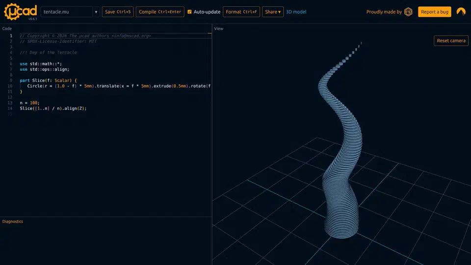 µcad tentacle example built from 100 slices with a range instead of a for loop