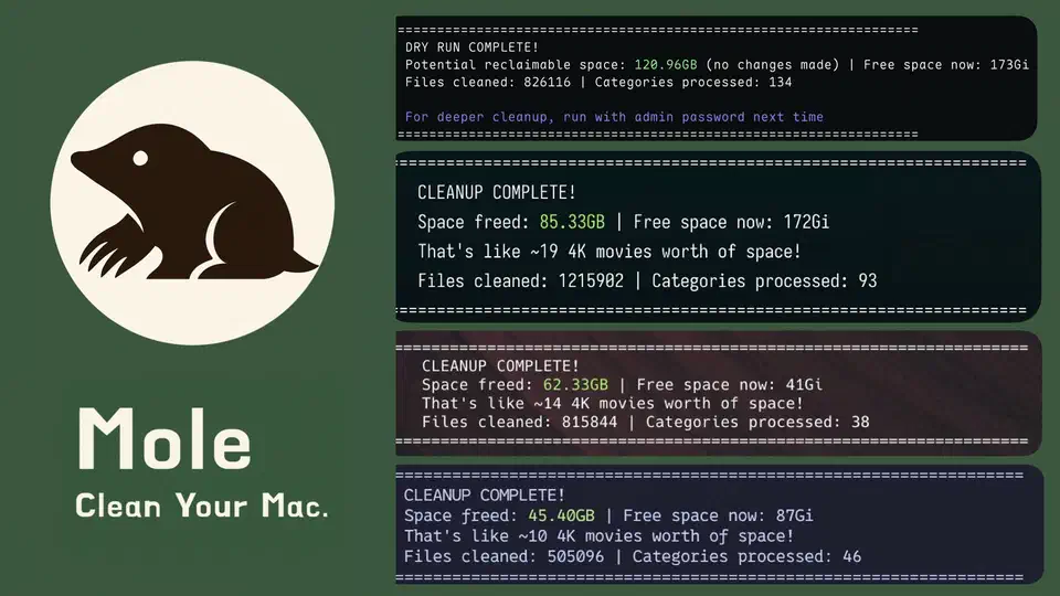 Four Mole terminal summary panels: a dry run reporting 120.96GB of potential reclaimable space with no changes made, and three completed cleanups freeing 85.33GB, 62.33GB, and 45.40GB