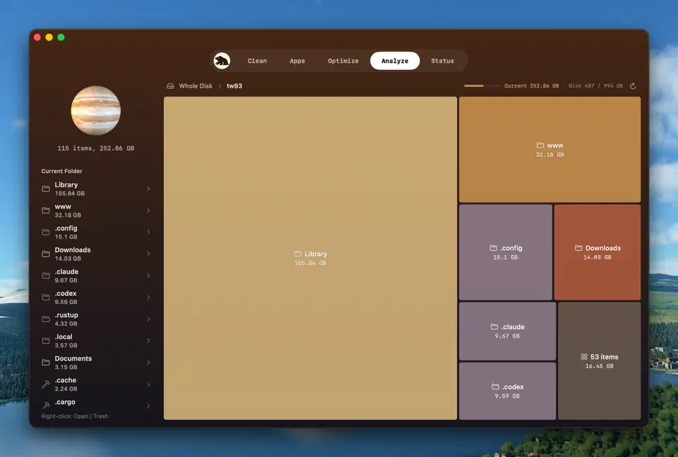 Mole for Mac Analyze tab showing a treemap of a home folder, with Library at 155.84 GB, www at 32.18 GB, and Downloads at 14.03 GB, beside a sorted folder list