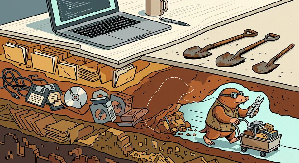 A mole in work goggles tunnels through layers of cache folders and installer files beneath a laptop on a desk