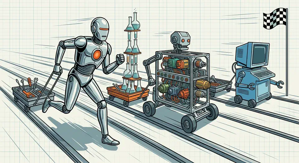 Three racing robots on parallel tracks, one chrome and sealed, one open-framed with swappable engine modules, one screen-headed on wheels