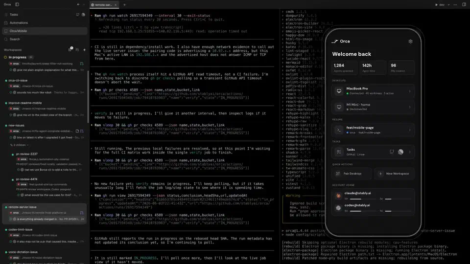 Orca mobile companion app on a phone showing a list of running agents with status badges and a follow-up prompt box
