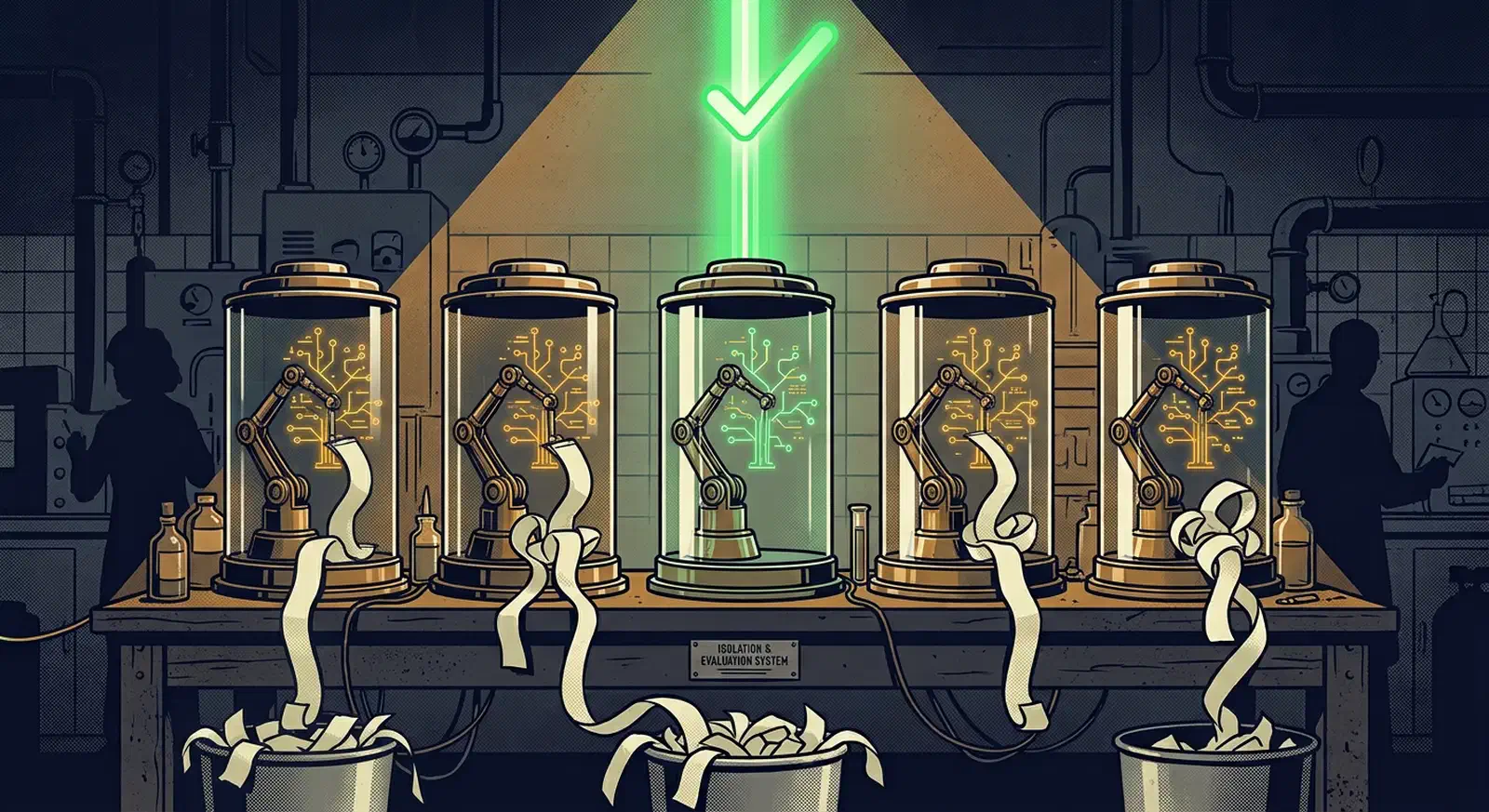 Five sealed glass chambers on a workbench, each holding a robotic arm building a different code branch, with one branch merging and four discarded