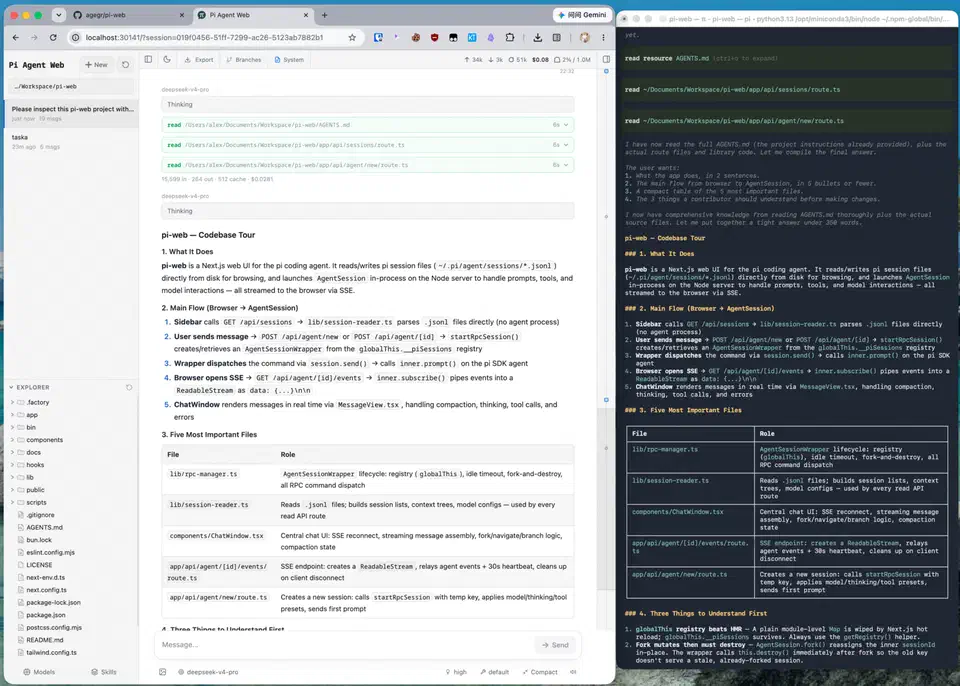 Pi Web browser workspace beside the pi terminal, showing the session list and file explorer on the left, rendered Markdown and collapsible tool calls in the middle, and the same conversation as raw terminal output on the right