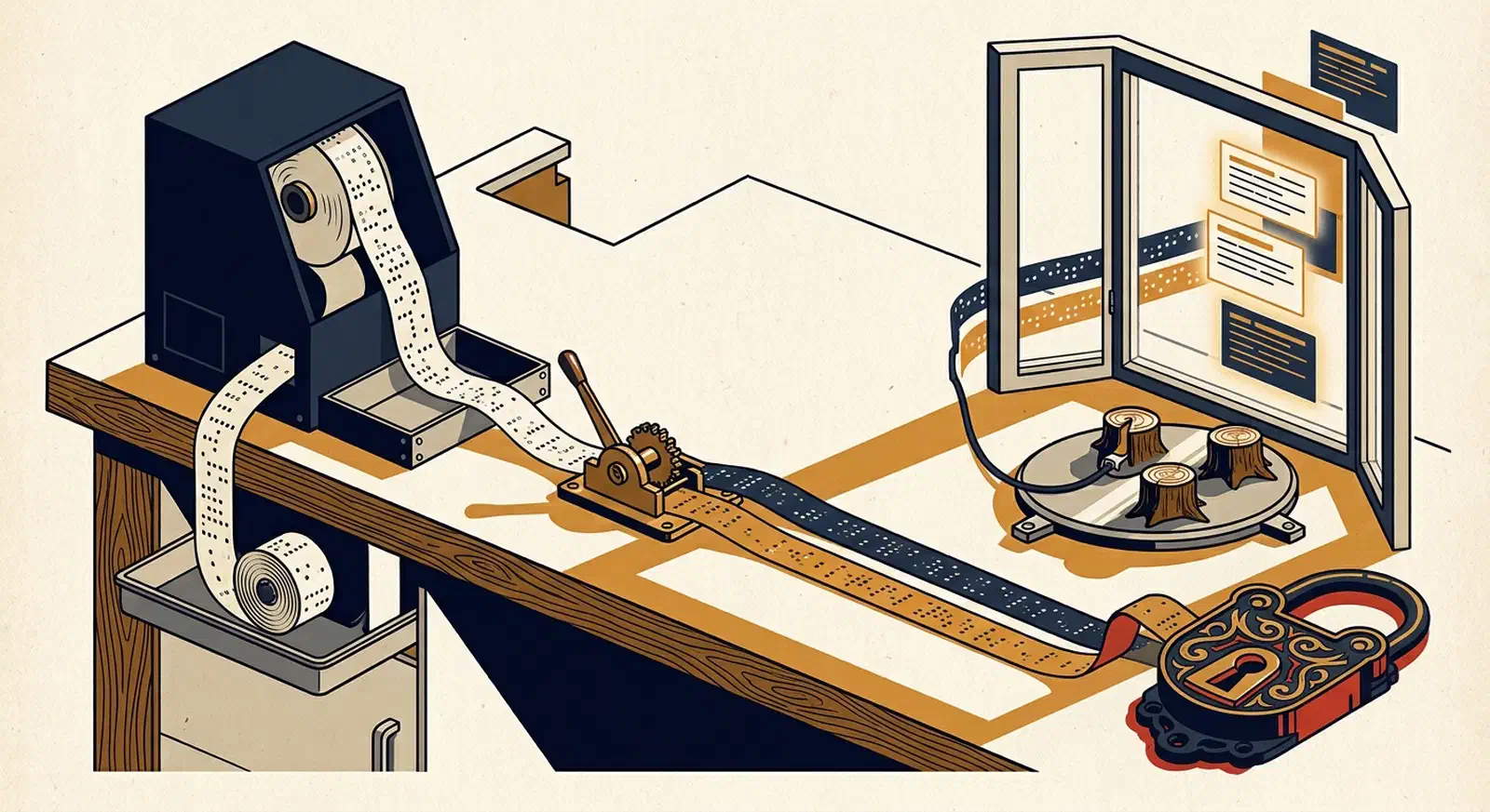 Workbench where a terminal cabinet feeds a session tape into a browser window pane, with a track switch splitting the tape and an open lock in front