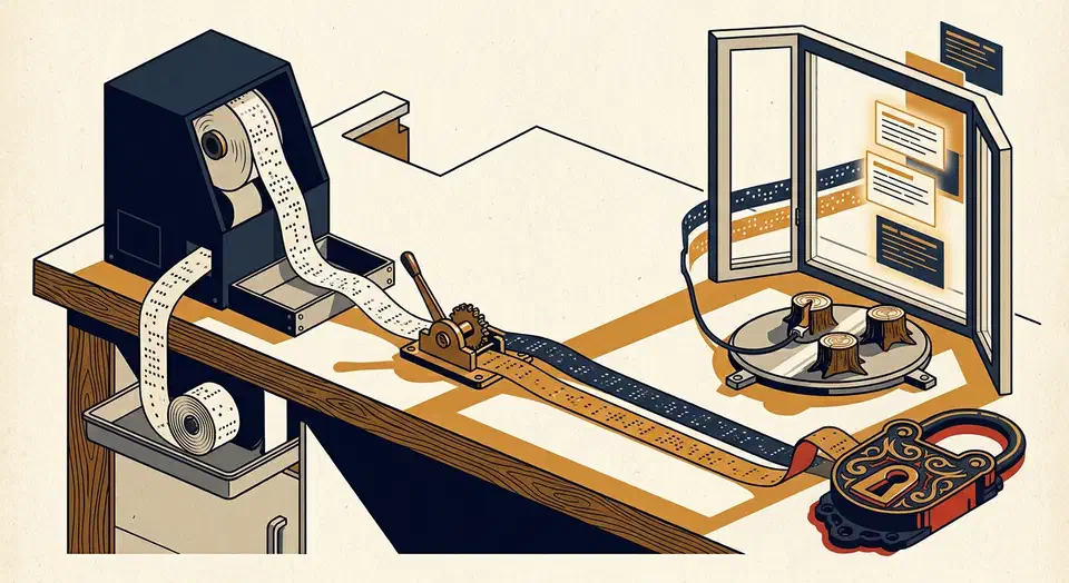 Workbench where a terminal cabinet feeds a session tape into a browser window pane, with a track switch splitting the tape and an open lock in front