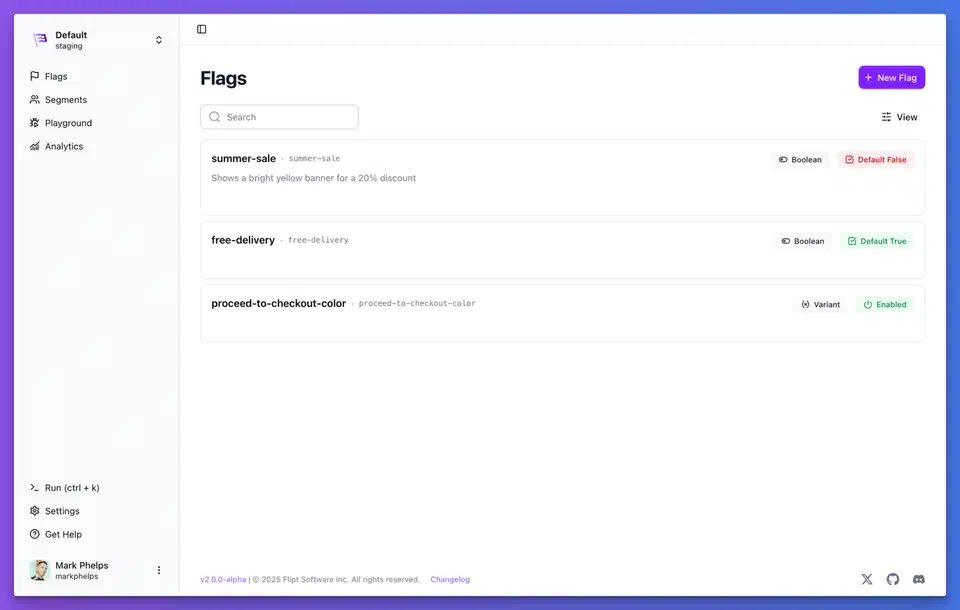 Flipt dashboard showing the feature flag management UI with Git-native controls and modern interface