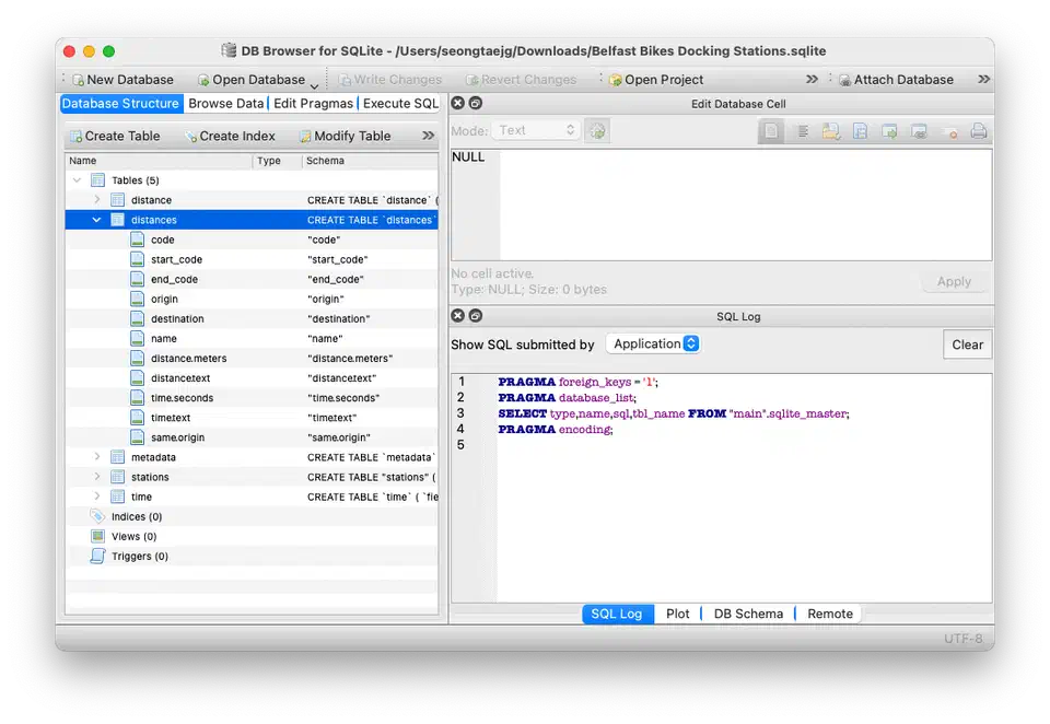 DB Browser for SQLite showing a database table with columns, data browser, and SQL editor tabs