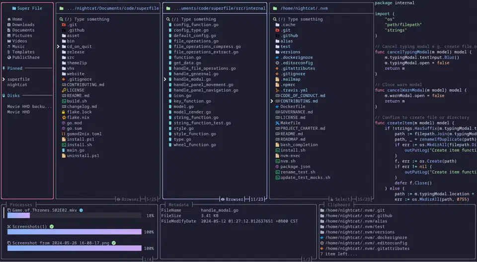 superfile running in a terminal with a pinned-directory sidebar on the left, two file panels side by side, and a bottom process bar