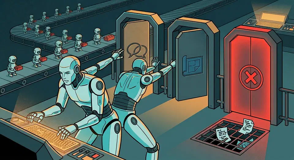 Robot engineer reaching for a keyboard beside three gates marked with speech bubbles, a blueprint, and a red cross, while small drones queue on a conveyor belt