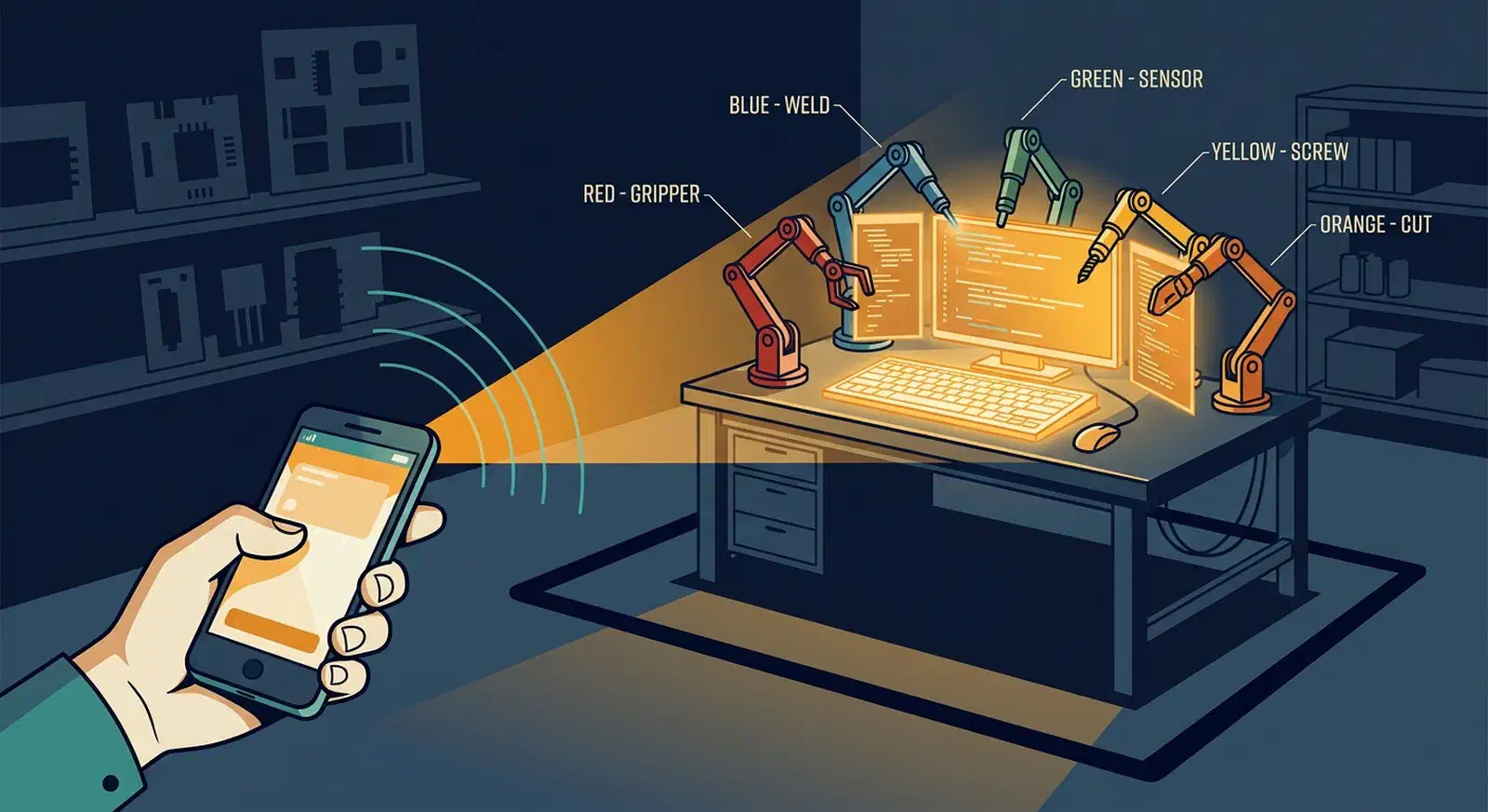 A hand aims a smartphone like a remote control at a desktop workstation where five robotic arms type code in parallel