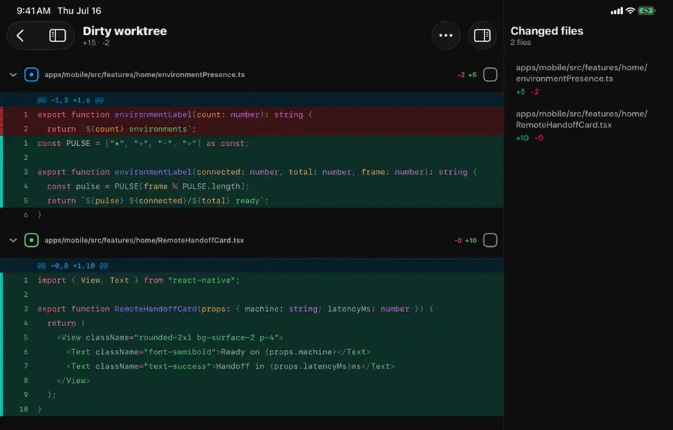 Diff review screen in the T3 Code mobile app