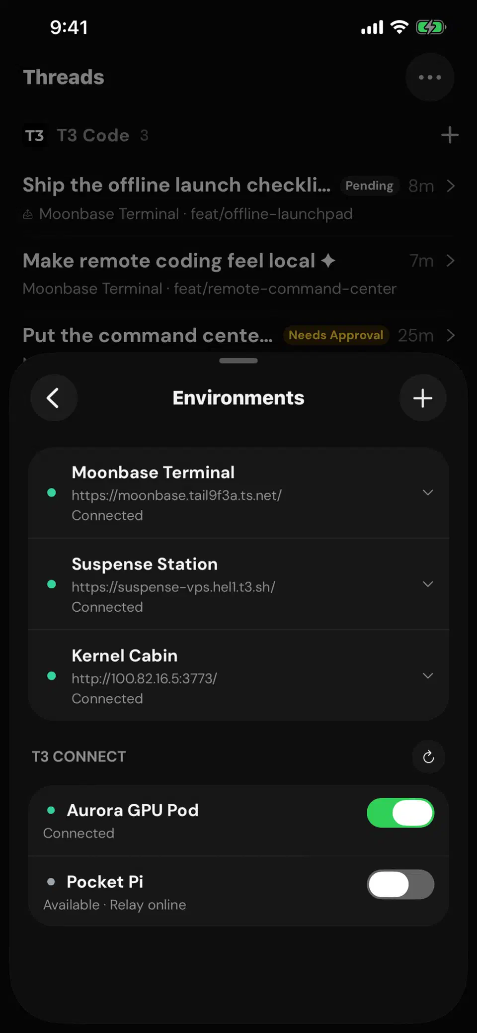 Environments screen listing paired T3 Code servers
