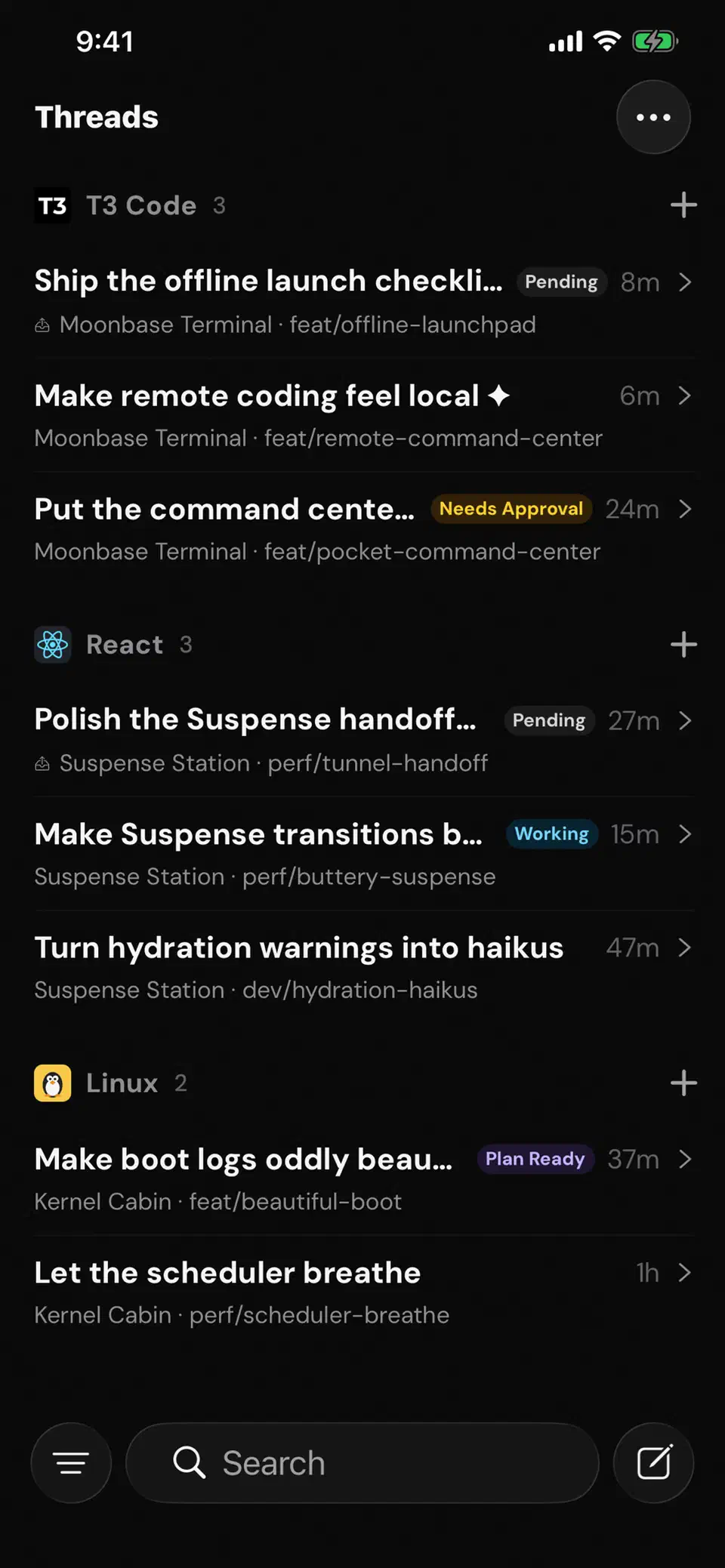 T3 Code mobile app thread list, showing parallel agent sessions