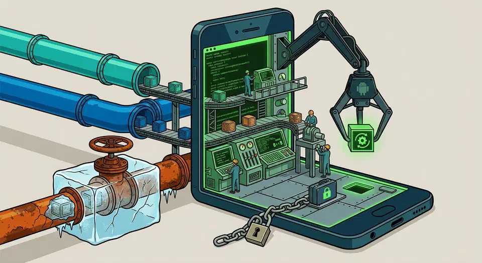 Cutaway smartphone shown as a machine shop with a green command line workbench, two open supply pipes feeding it and a third frozen shut