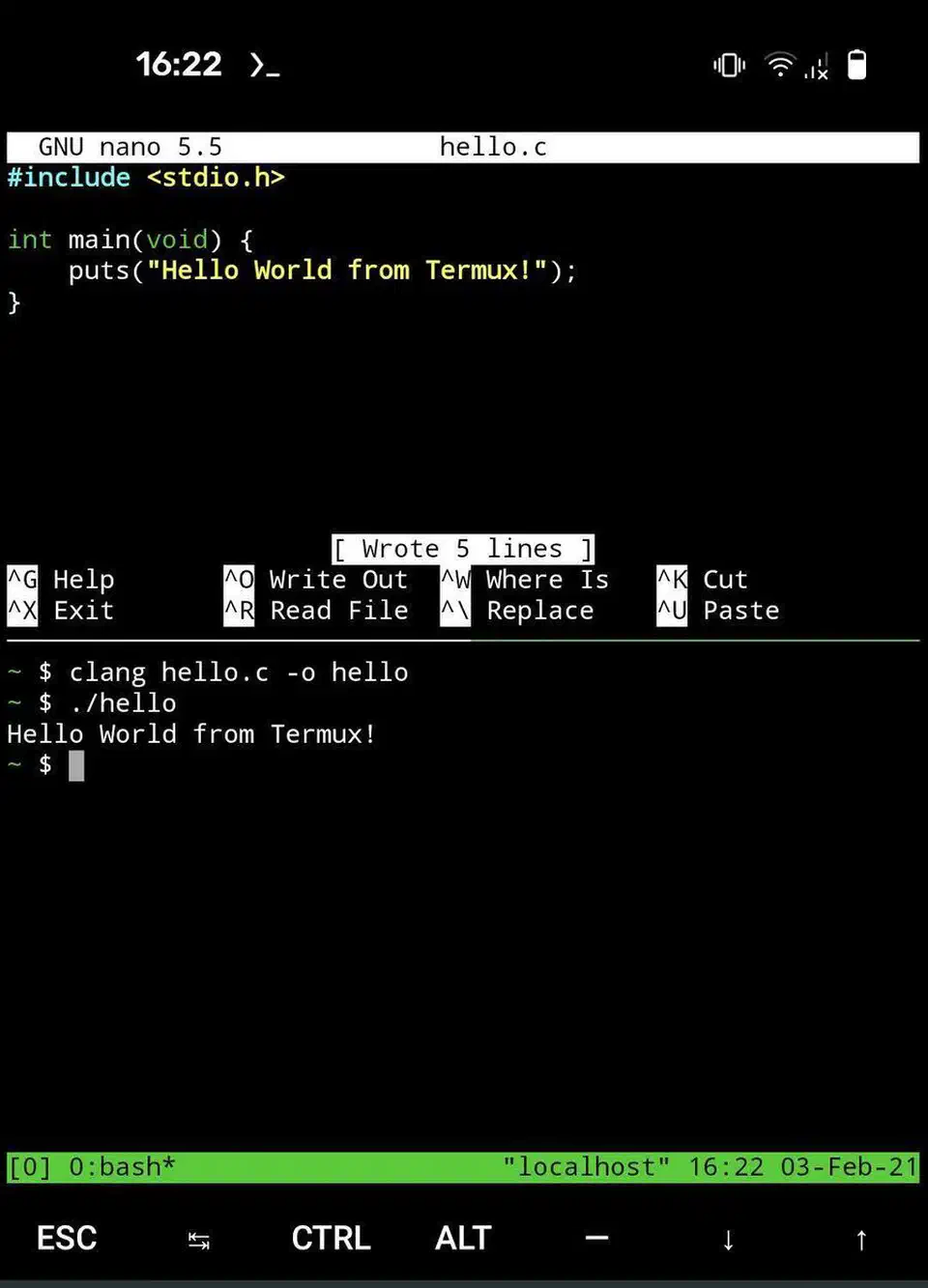 Termux on a phone running GNU nano to edit hello.c, then compiling it with clang and printing Hello World from Termux