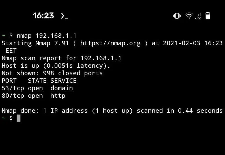 Nmap scan output in Termux showing host 192.168.1.1 up with port 53 domain and port 80 http open