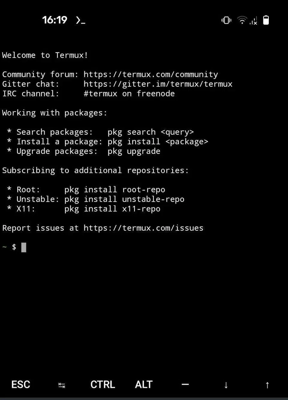 Termux welcome screen listing pkg search, pkg install and pkg upgrade commands above a shell prompt and the extra keys row
