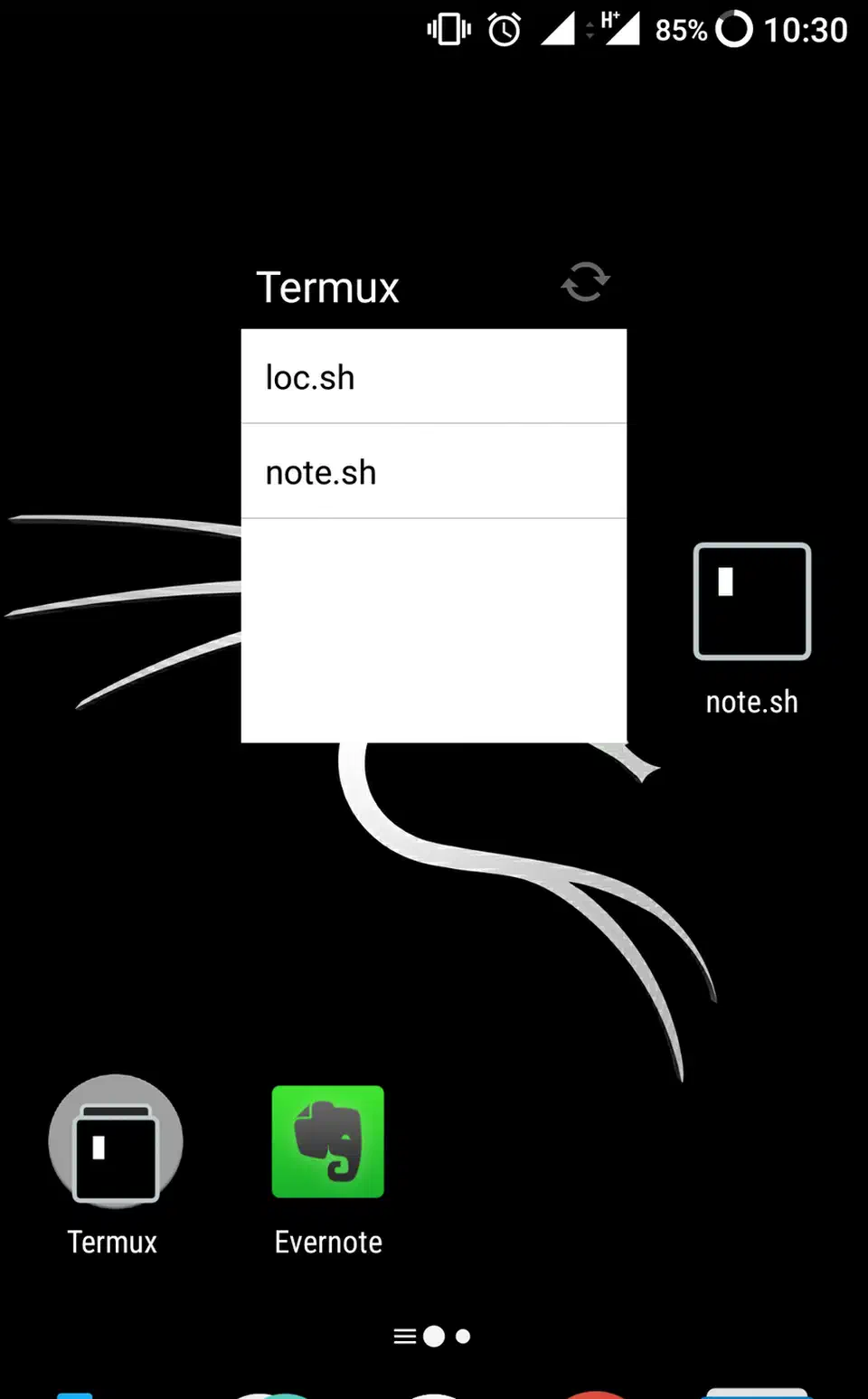 Android home screen with a Termux widget listing loc.sh and note.sh scripts, plus a separate note.sh shortcut icon