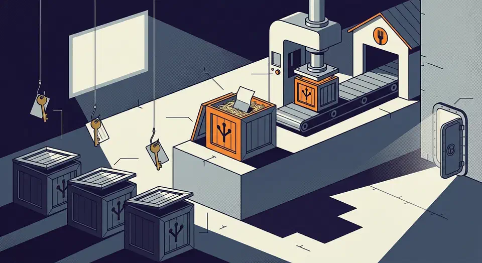 An orange shipping crate holding only a paper note, a press building fresh crates on a conveyor, and dark counterfeit crates whose fishing hooks lift brass keys away.
