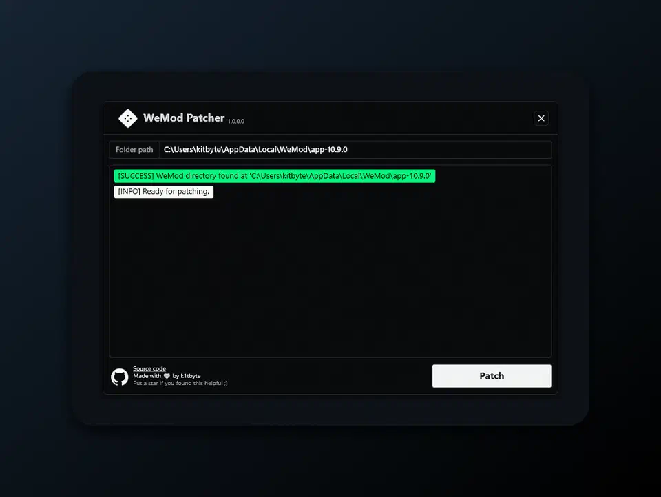 Wand Enhancer patcher window showing a detected WeMod install folder path, a green SUCCESS log line reading Ready for patching, and a single Patch button