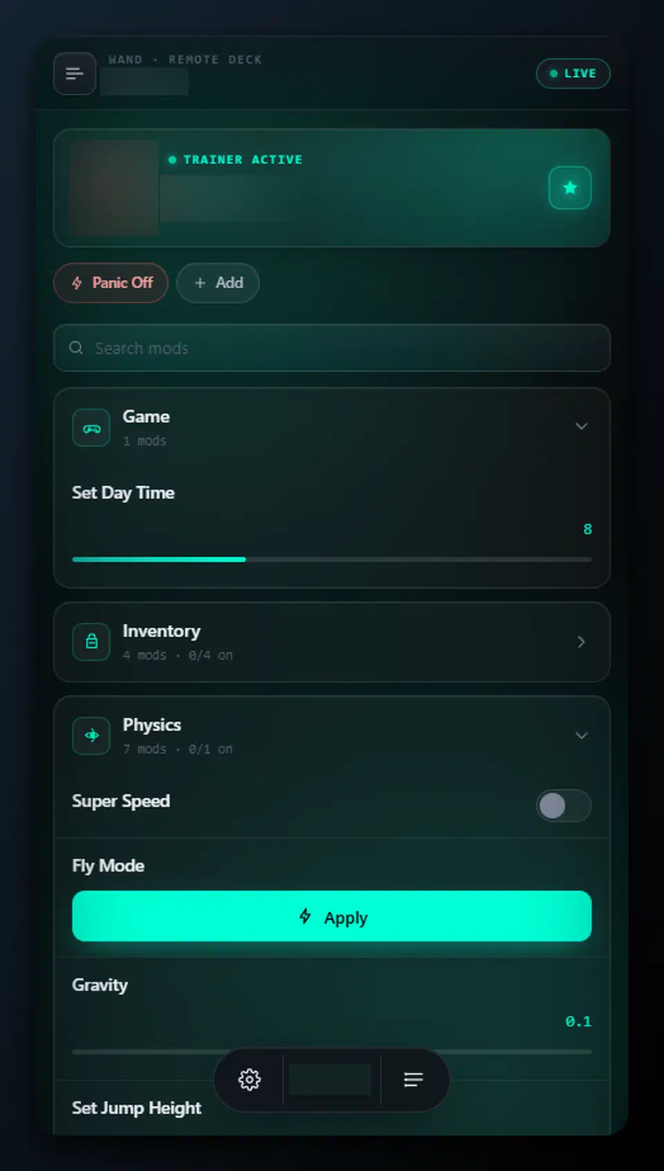 Wand Remote Deck phone panel with a LIVE badge, a Panic Off button, a mod search box, and expandable Game, Inventory and Physics groups with sliders for day time, super speed and gravity
