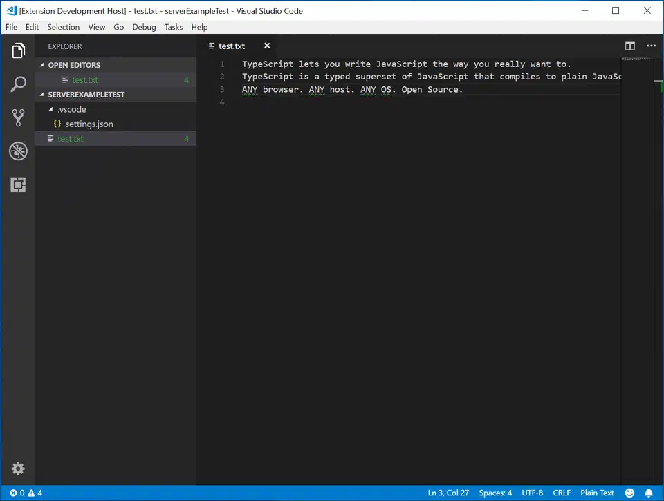 VS Code editor showing LSP diagnostic validation with error squiggles under invalid lines in a document