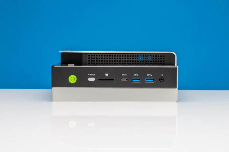 GMKtec EVO X-2 front panel showing USB4, SD card reader, and USB 3.2 ports