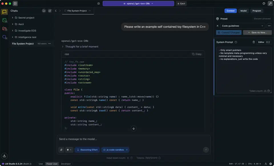 LM Studio interface showing model selection and chat interface for local AI inference