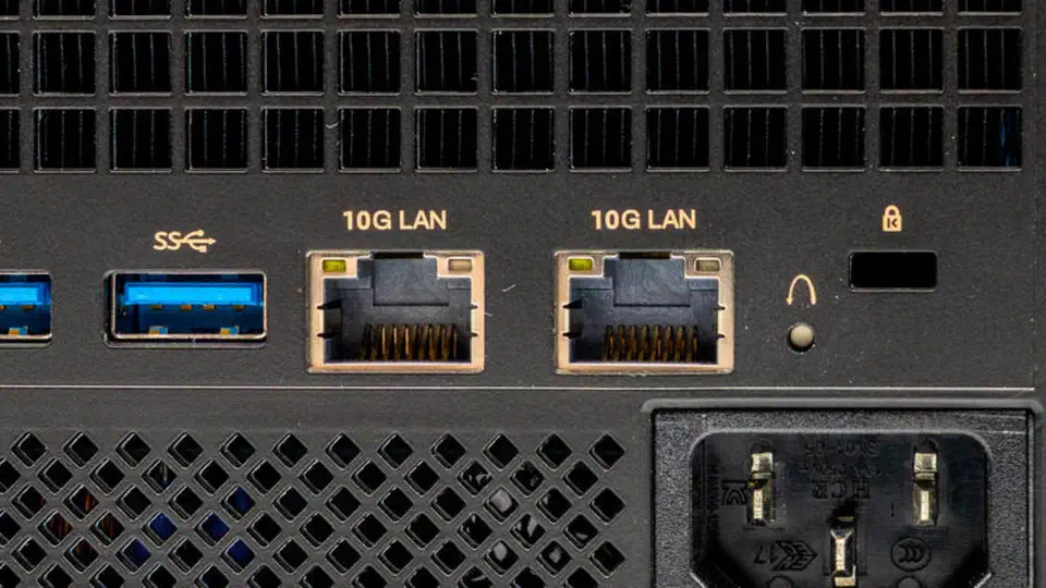 Minisforum MS-S1 Max rear panel showing dual 10 Gigabit Ethernet ports