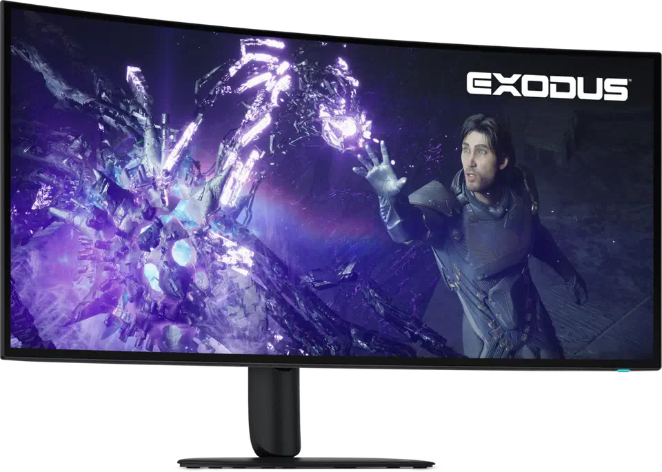 Alienware AW3926QW 39-inch curved OLED ultrawide seen straight on, standing on its flat black base with a game scene on screen