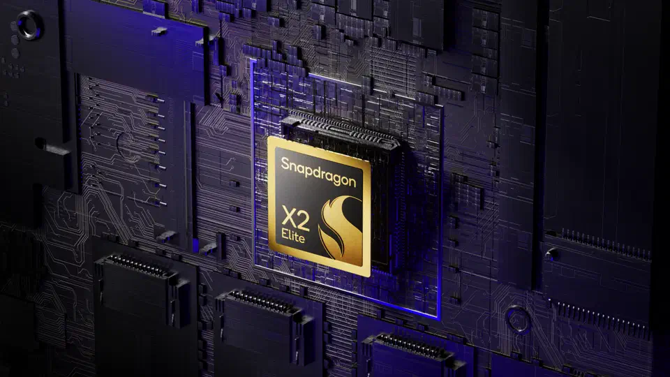 Qualcomm Snapdragon X2 Elite SoC package on a reference substrate, with the Oryon Prime core and Adreno X2 GPU layout highlighted