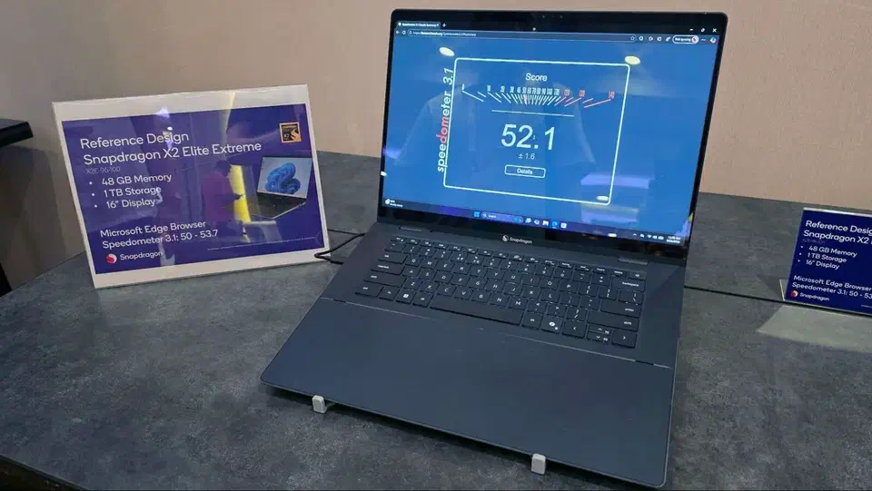 Snapdragon X2 Elite Extreme benchmark results showing 18 cores and 48 GB of on-package memory on a 192-bit bus